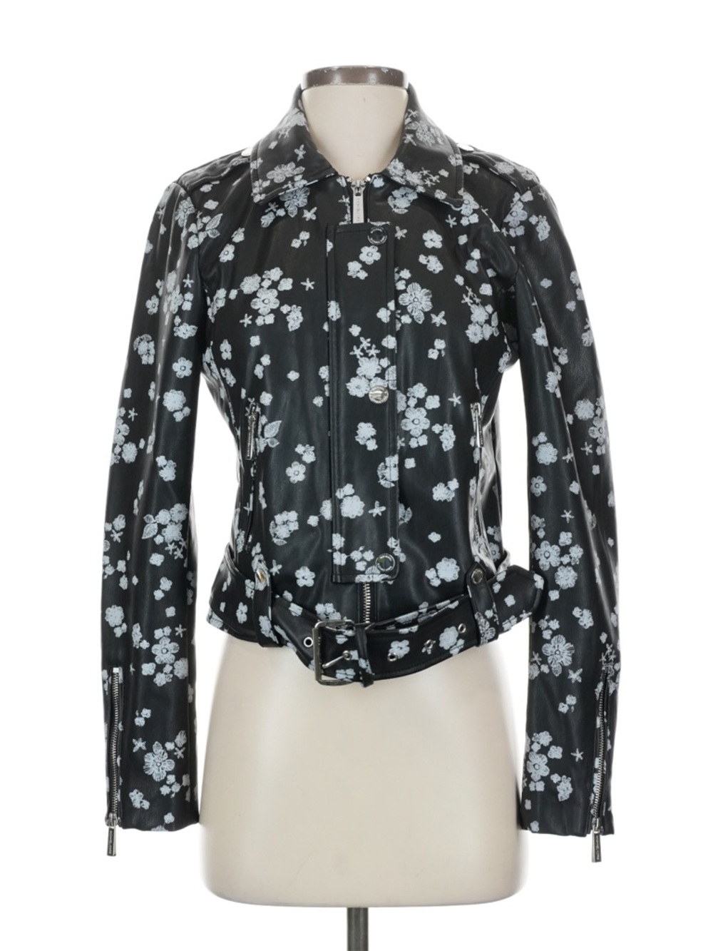 NWOT Michael Kors Black Floral Faux Leather Moto Jacket size S